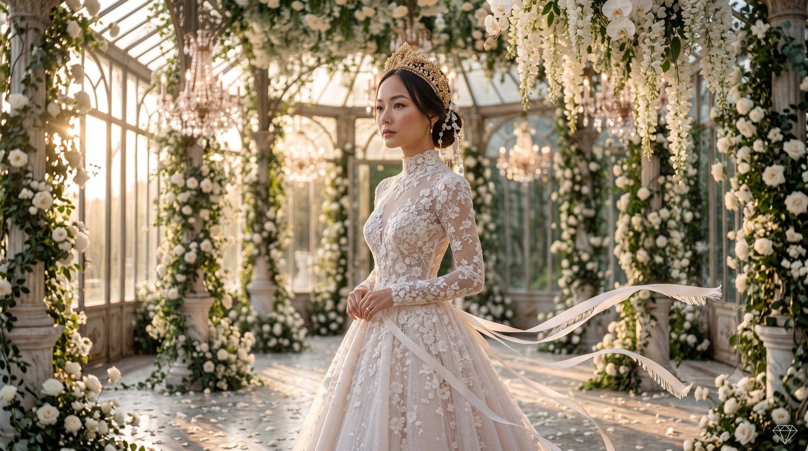 Bride in a pearl crown standing in a glass conservatory filled with white florals