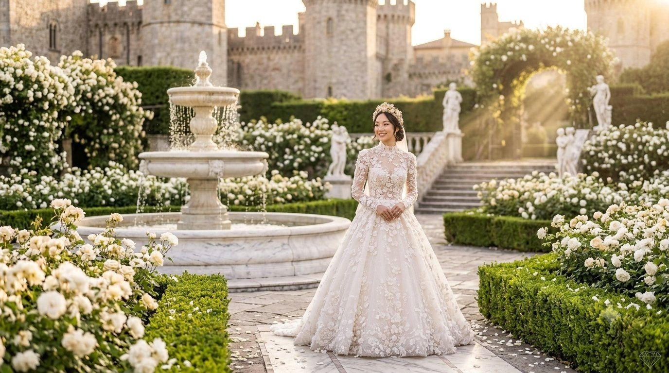 Bride in a floral crown before a castle fountain