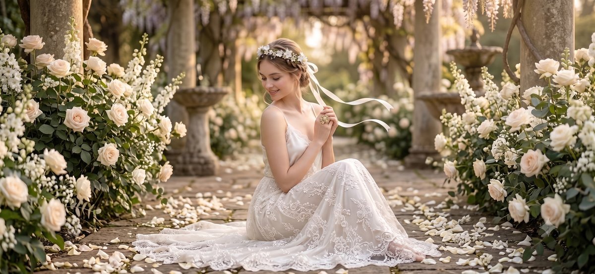 Bride kneeling in a rose garden in a lace gown with flowing ribbon detail