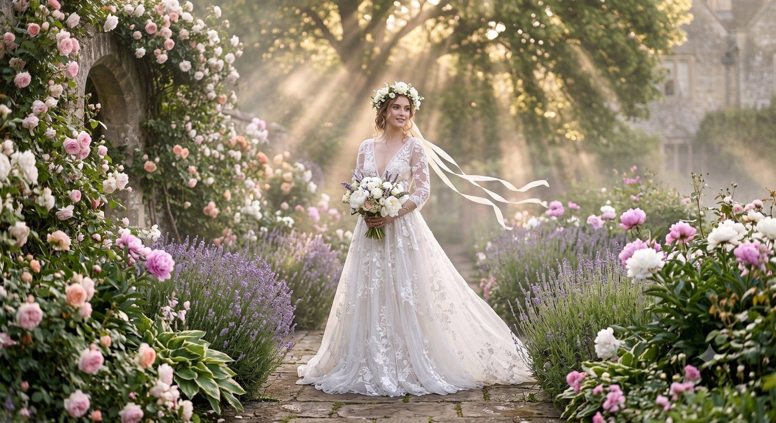 Bride in a flower crown walking through lavender and roses