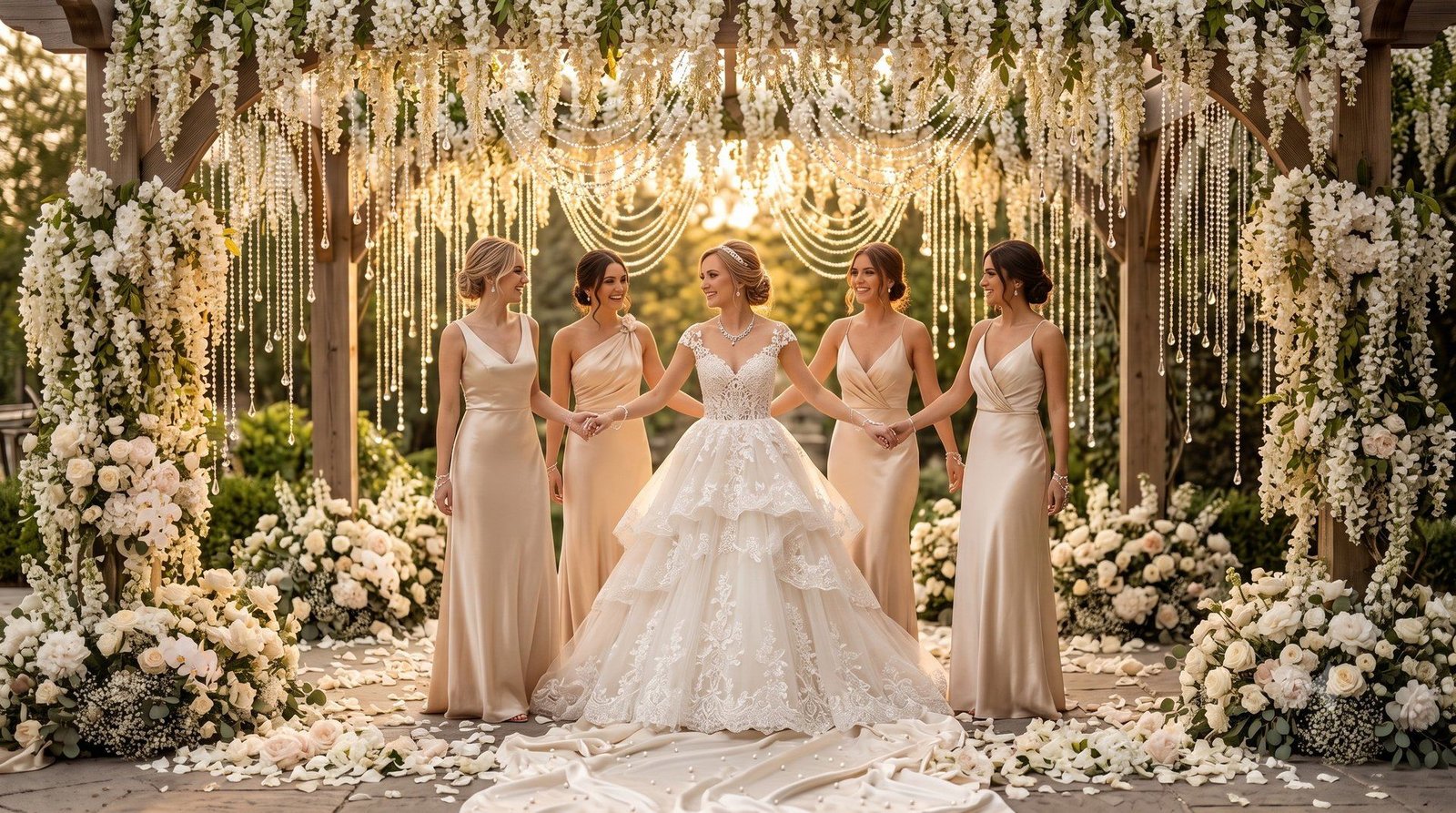 Bride and four bridesmaids in champagne gowns holding hands under a crystal and floral arch