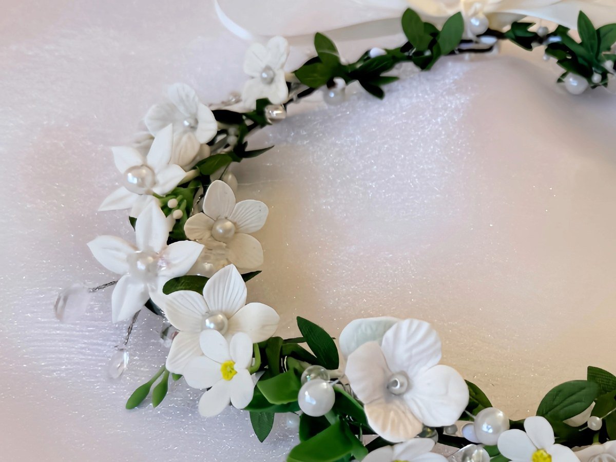 Handmade flower crown with pearl and ceramic florals