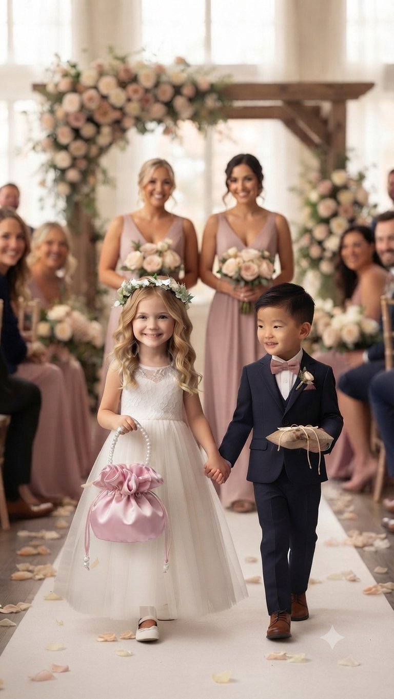 Flower girl in white tulle dress carrying a pink satin pearl-handle pouch down the aisle