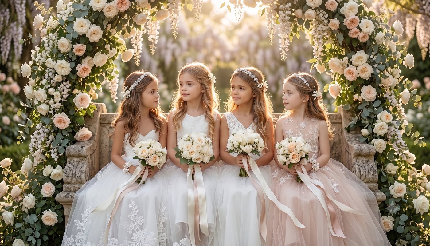 Four flower girls sitting together on a stone bench holding rose bouquets