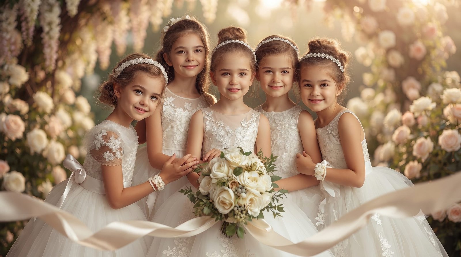 Five flower girls in lace dresses and pearl headbands smiling together in a rose garden