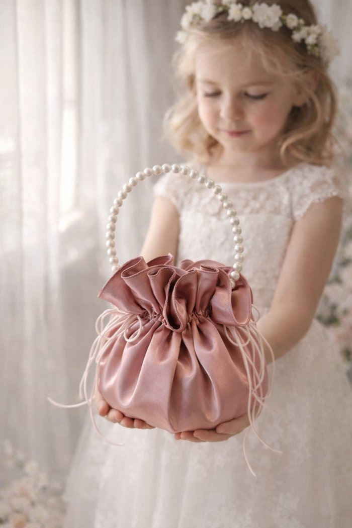 Flower girl holding a dusty rose satin pearl-handle pouch