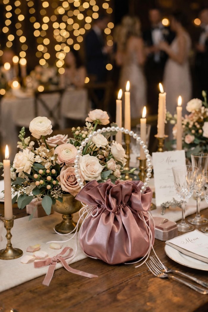 Pearl-handle satin bridal pouch on a candlelit reception table