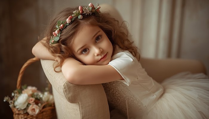 Portrait of a young flower girl wearing a floral crown