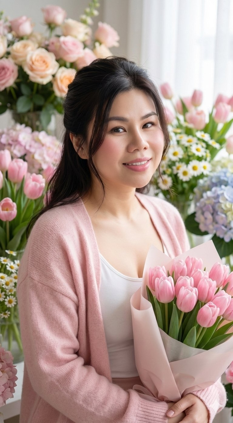 Michelle, founder and maker at Ivory & Bloom Atelier, holding a bouquet of pink tulips